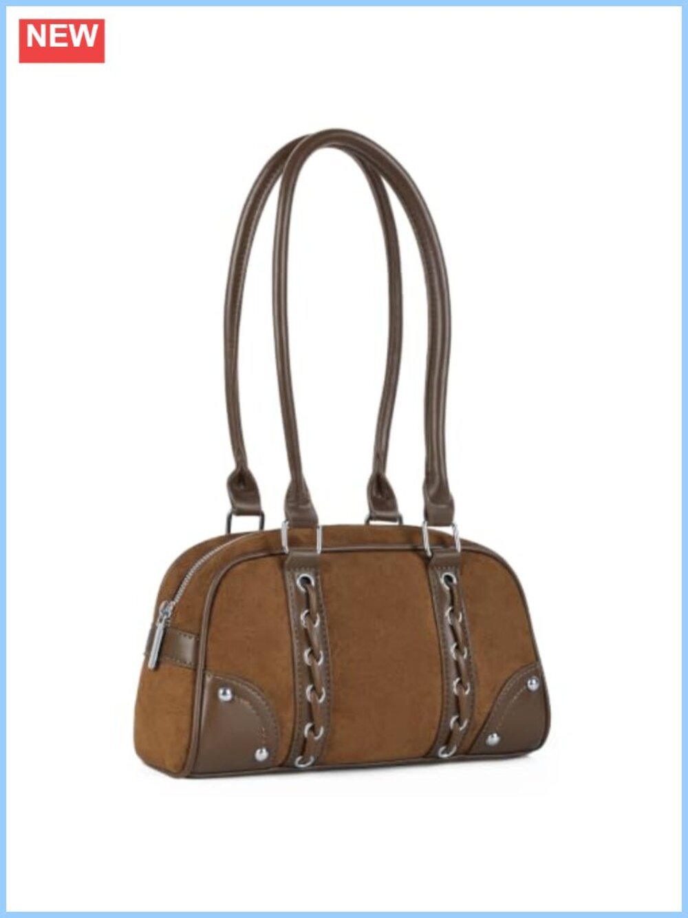 Faux Suede Bowling Shoulder Bag Lace Up Top Handle Purse